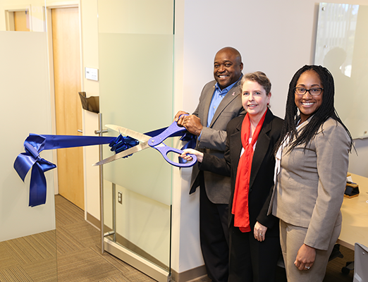 Washington, Chevron’s Murphy-Ortega and Artis prepare to formally inaugurate the Office of Access and Inclusion’s renovated space.