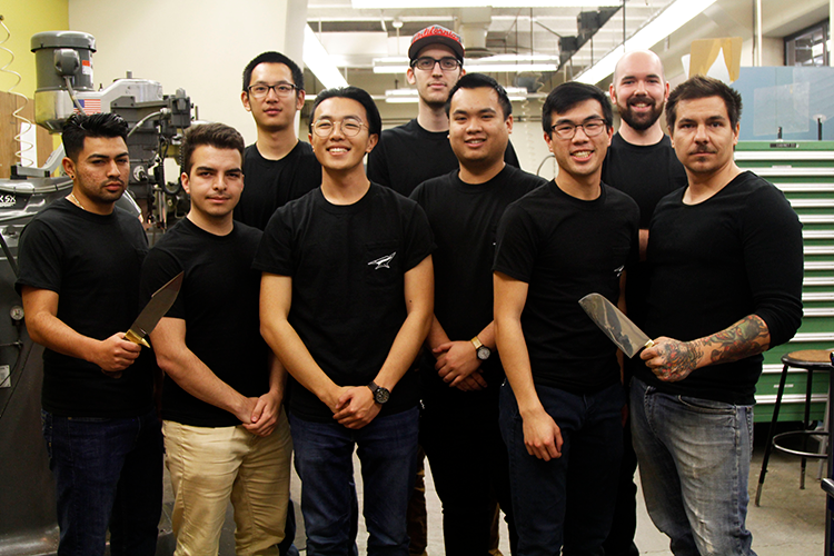 1.	UCI’s first-ever bladesmithing team includes, back row, from left:  Warren Zhang, Jaelen Hoffman, Benjamin MacDonald. Front row, from left: Fernando Robledo, Jonathan Medrano, Harry Pak, Vandy Bui and Calvin Belcher. Team mentor Tucker Parris is at far right.