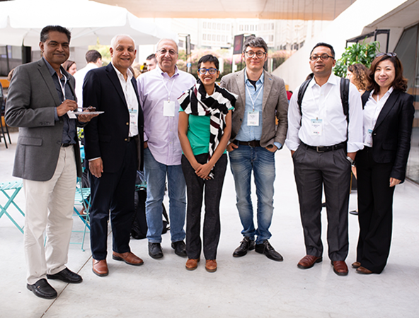 UCI attendees at the sixth annual workshop included: from left, professors R. Jayakrishnan, Pramod Khargonekar, Faryar Jabbari, Aparna Chandramowlishwaran, Marco Levorato and Mohammad al Faruque, pictured with Lily Wu, Samueli School director of academic 