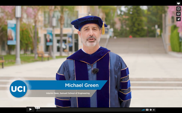 Samueli School of Engineering Interim Dean Michael Green praised the new graduates’ overcoming the difficulties of the COVID-19 pandemic. “The completion of your engineering degree is a testament to your resilience, as well as your agility, hard work and fortitude. I have no doubt that your experience at UCI will provide you with the knowledge, skills and leadership that you will need to impact and benefit society in countless ways.” 