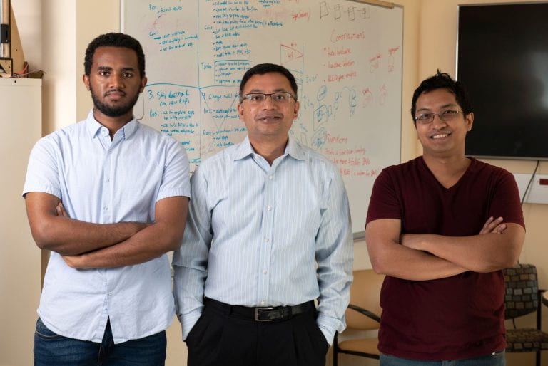 Yonatan Gizachew Achamyeleh, UCI Ph.D. student in electrical engineering and computer science (left); Mohammad Al Faruque, UCI professor of electrical engineering and computer science (center); and Anomadarshi Barua, UCI Ph.D. candidate in electrical engineering and computer science, found that negative pressure rooms in hospitals and biological research facilities can be tricked into releasing deadly microbes by music played on an attacker’s smartphone. Steve Zylius / UCI