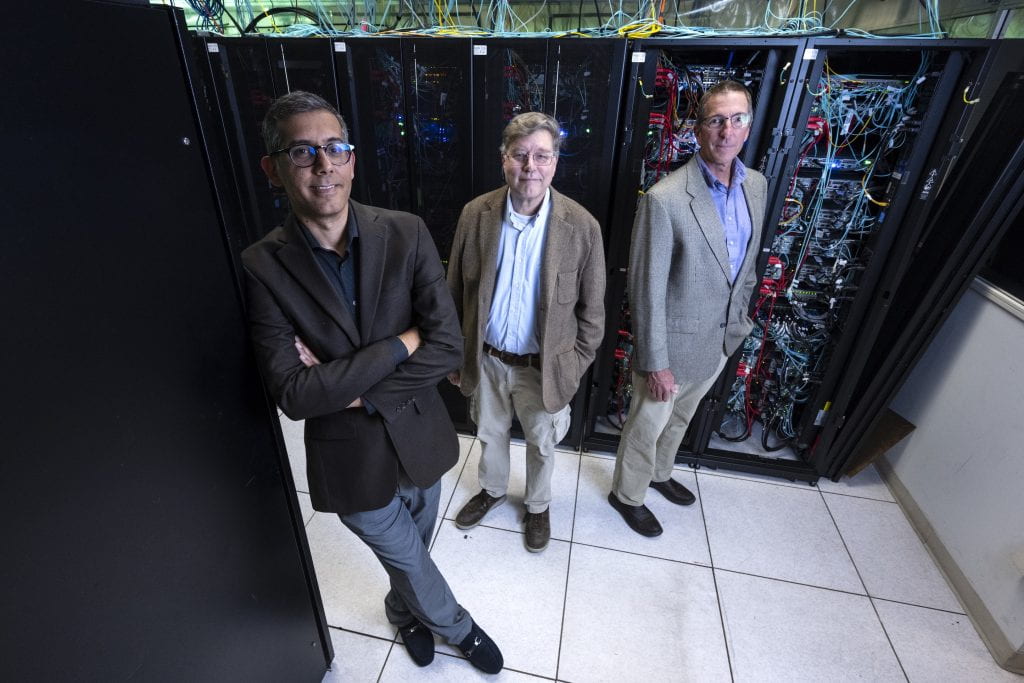 Mohammad Javad Abdolhosseini Qomi (left), UC Irvine associate professor of civil and environmental engineering and materials science and engineering, is lead principal investigator on the Geophysicist.AI project, while colleagues Eric Mjolsness (center), professor of computer science, and Russ Detwiler (right), associate professor of civil and environmental engineering, are co-principal investigators. Steve Zylius / UC Irvine Mohammad Javad Abdolhosseini Qomi (left), UC Irvine associate professor of civil and environmental engineering and materials science and engineering, is lead principal investigator on the Geophysicist.AI project, while colleagues Eric Mjolsness (center), professor of computer science, and Russ Detwiler (right), associate professor of civil and environmental engineering, are co-principal investigators. Steve Zylius / UC Irvine