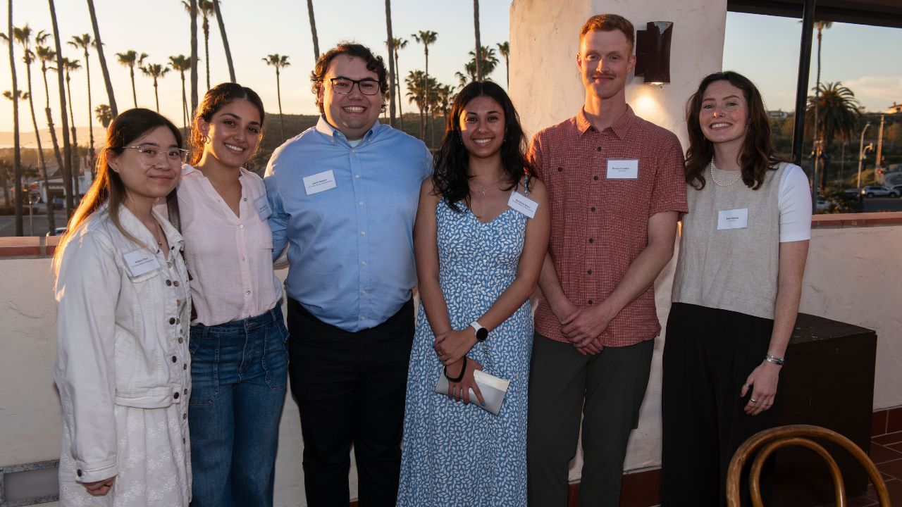 From left: UCI graduate students Kristine Phan, Gianna Rotellini, Jacob Samson, Samantha Moore, Connor Broaddus and Tess Hachey at the event. (Steve Zylius/UCI) From left: UCI graduate students Kristine Phan, Gianna Rotellini, Jacob Samson, Samantha Moore, Connor Broaddus and Tess Hachey at the event. (Steve Zylius/UCI)