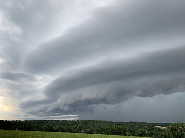 Striated/layered shelf cloud in Charlton, Massachusetts, on July 2, 2022. Photo courtesy of Will y theweatherguy473737/ Creative Commons Attribution-Share Alike 4.0 International license. Striated/layered shelf cloud in Charlton, Massachusetts, on July 2, 2022. Photo courtesy of Will y theweatherguy473737/ Creative Commons Attribution-Share Alike 4.0 International license.