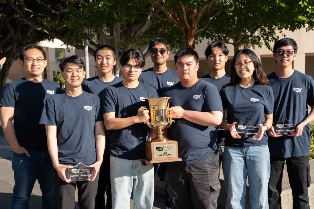 Coached and advised by Alfred Chen (top left), professor of computer science, the winning UC Irvine team comprised (from left) Eric Liu, Andy Gu, Akshay Rohatgi, Dhruv Kandula, Steven Ngo, Jacob Lee, Kristen Chung and Christopher Young. Harrison Lin / UC Irvine Coached and advised by Alfred Chen (top left), professor of computer science, the winning UC Irvine team comprised (from left) Eric Liu, Andy Gu, Akshay Rohatgi, Dhruv Kandula, Steven Ngo, Jacob Lee, Kristen Chung and Christopher Young. Harrison Lin / UC Irvine