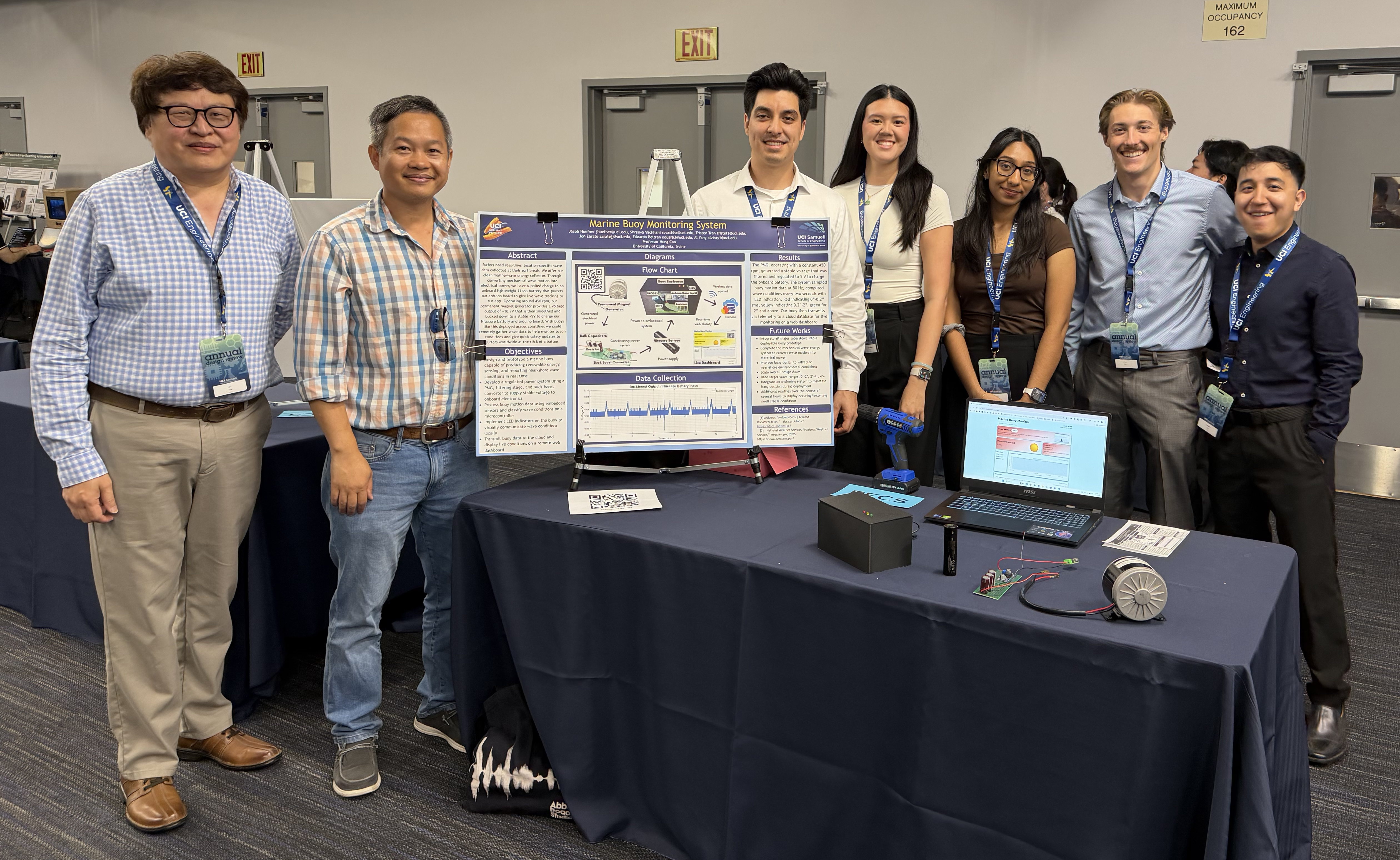 Beltran (third from left) with his senior design project team at Annual Design Review. Their project was a Marine Buoy Monitoring System, advised by Professor Hung Cao (second from left). 