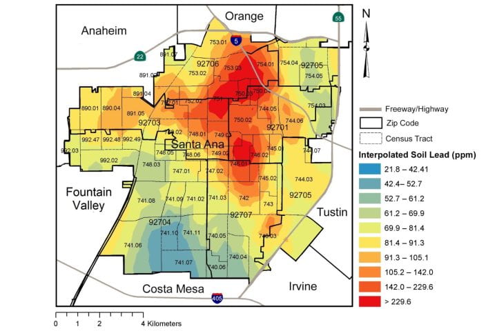For Phase 1 of the EPA’s Environmental Justice Video Challenge for Students, UCI team members created maps pinpointing soil lead contamination hot spots in Santa Ana; the red areas above show where the dirt contains unhealthy levels of the metal. Following Phase 2 of the competition, UCI students and community activists are partnering in a project to use plants and fungus to remove lead from affected locations. Shahir Masri / UCI For Phase 1 of the EPA’s Environmental Justice Video Challenge for Students, UCI team members created maps pinpointing soil lead contamination hot spots in Santa Ana; the red areas above show where the dirt contains unhealthy levels of the metal. Following Phase 2 of the competition, UCI students and community activists are partnering in a project to use plants and fungus to remove lead from affected locations. Shahir Masri / UCI