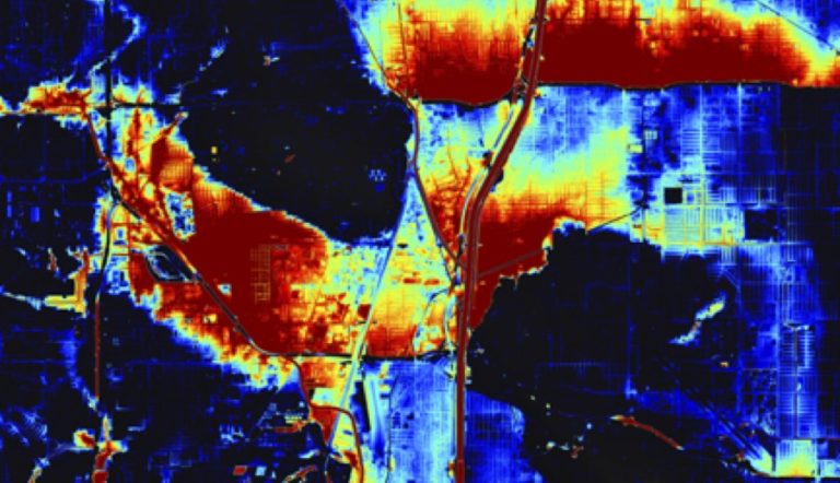 Fine-resolution computer simulations will depict flooding scenarios across the Los Angeles metropolitan and Sacramento-San Joaquin River Delta regions, including one comparable to California’s Great Flood of 1861-62 (shown here along the Los Angeles River). Blum Center for Poverty Alleviation / UCI