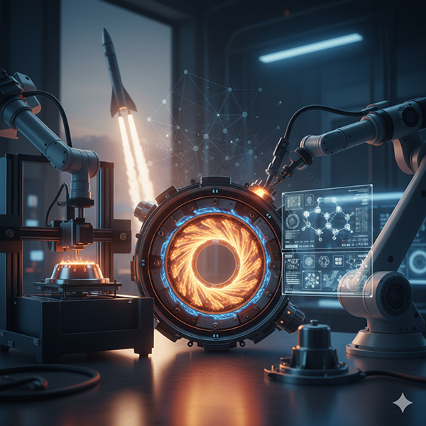 AI-generated rendition of a rotating detonation engine being developed in a scientific laboratory. An AI-generated rendition of a rotating detonation engine being developed in a scientific laboratory