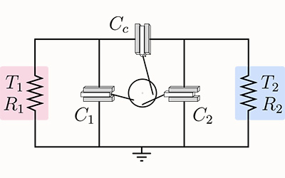 Illustration shows the electrical embodiment of the Brownian gyrator. 