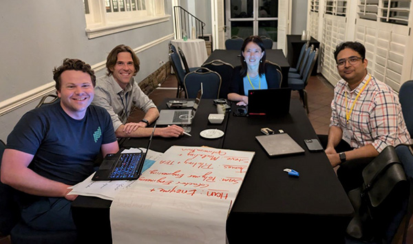 Han Li’s project team, working together at the NSF Ideas Lab, is pictured from left: James Weltz (Cascade Biocatalysts), Steve Abel (University of Tennessee, Knoxville), Han Li (UCI) and Samanvaya Srivastava (UCLA). Han Li’s project team, working together at the NSF Ideas Lab, is pictured from left: James Weltz (Cascade Biocatalysts), Steve Abel (University of Tennessee, Knoxville), Han Li (UCI) and Samanvaya Srivastava (UCLA).