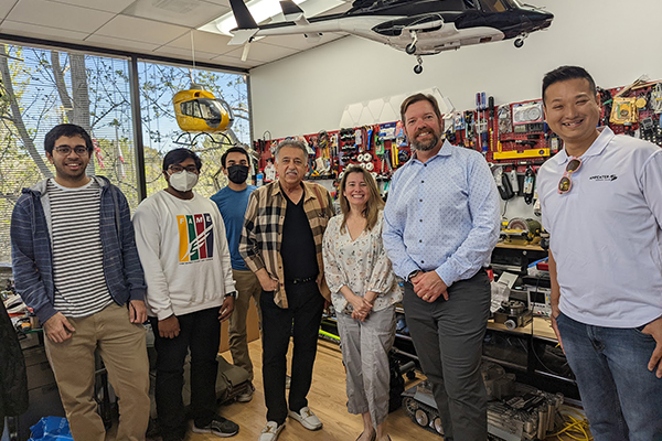 At the HEYKUBE project kick-off event, from left to right, are: UCI undergraduate researchers Akshay Kshipra, Naveen Dorairaj and Isaiah Enriquez; Mehdi Hatamian (22nd Solutions), Leyla Riley (UCI), David Garrett (22nd Solutions), and Quoc-Viet Dang (UCI).