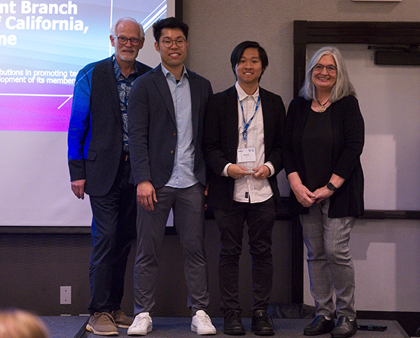 Pictured, from left, are Tom Coughlin, past president of IEEE-USA and current IEEE president-elect; Tony Hua Wong, IEEE Region 6 awards and recognition chair; Vincent Vo, internal relations chair for the UCI student branch and next year's IEEE-UCI president; and Kathy Hayashi, IEEE Region 6 director, at the award ceremony in January.