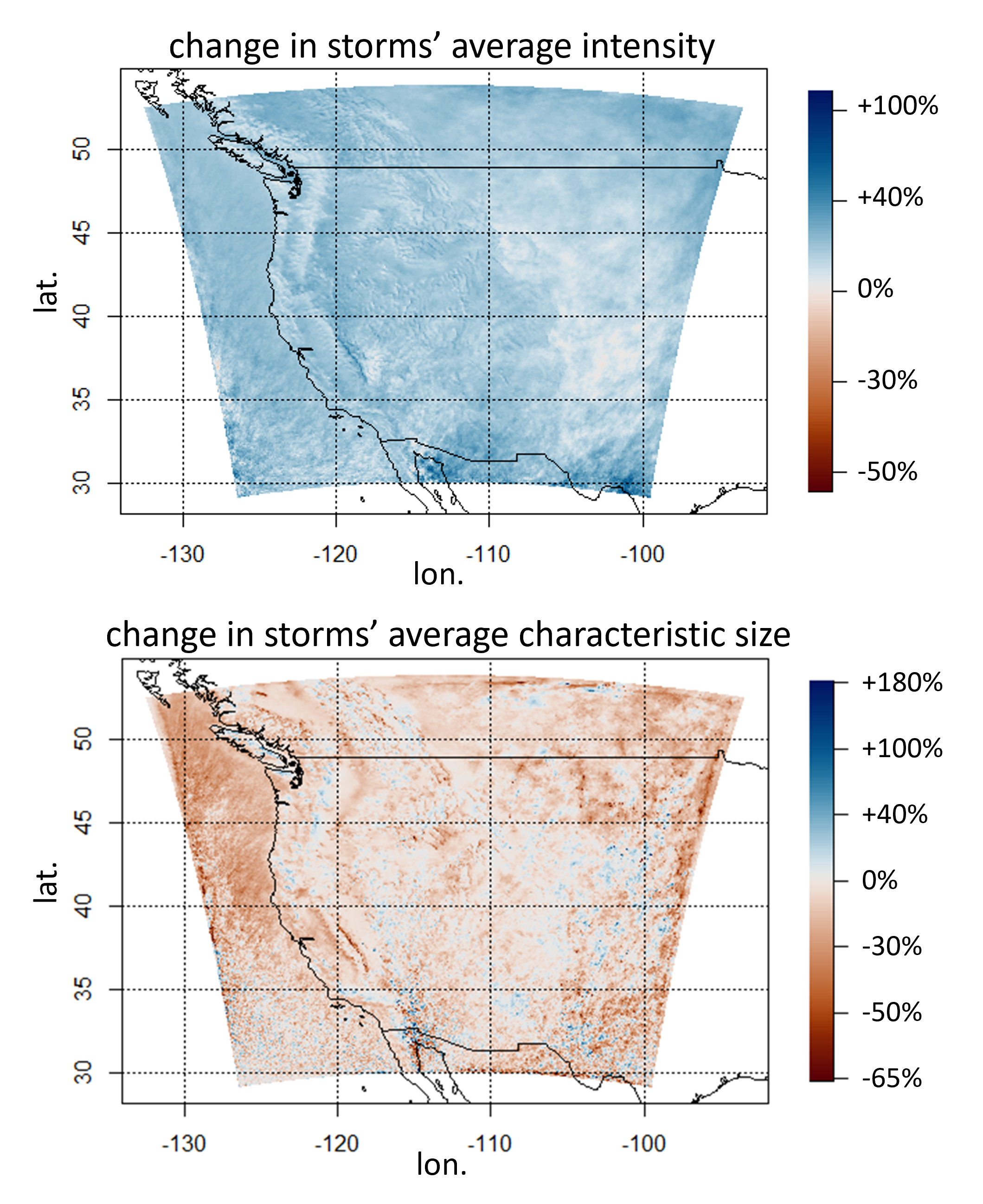 Maps showing the rate of change for storm average precipitation intensity and average storm size between the 1981-2020 period and the 2041-2080 period in Western U.S. and Canada. Maps showing the rate of change for storm average precipitation intensity and average storm size between the 1981-2020 period and the 2041-2080 period in Western U.S. and Canada.