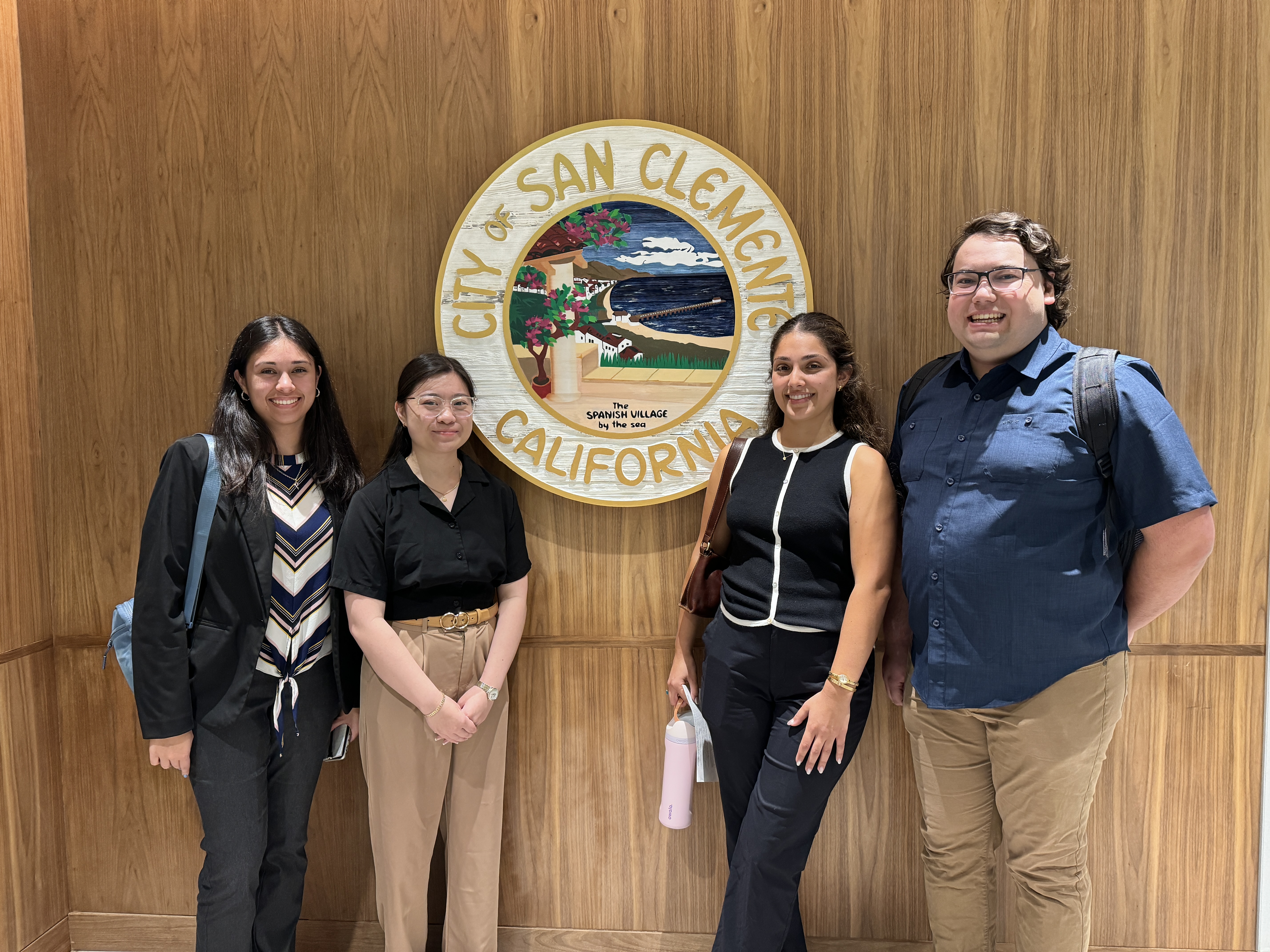 The UCI-San Clemente team from left: Team lead Samantha Moore, Kristine Phan, Gianna Rotellin and Jacob Samson at San Clemente City Hall where they presented ideas to the city’s Coastal Advisory Committee. The UCI-San Clemente team from left: Team lead Samantha Moore, Kristine Phan, Gianna Rotellin and Jacob Samson at San Clemente City Hall where they presented ideas to the city’s Coastal Advisory Committee.