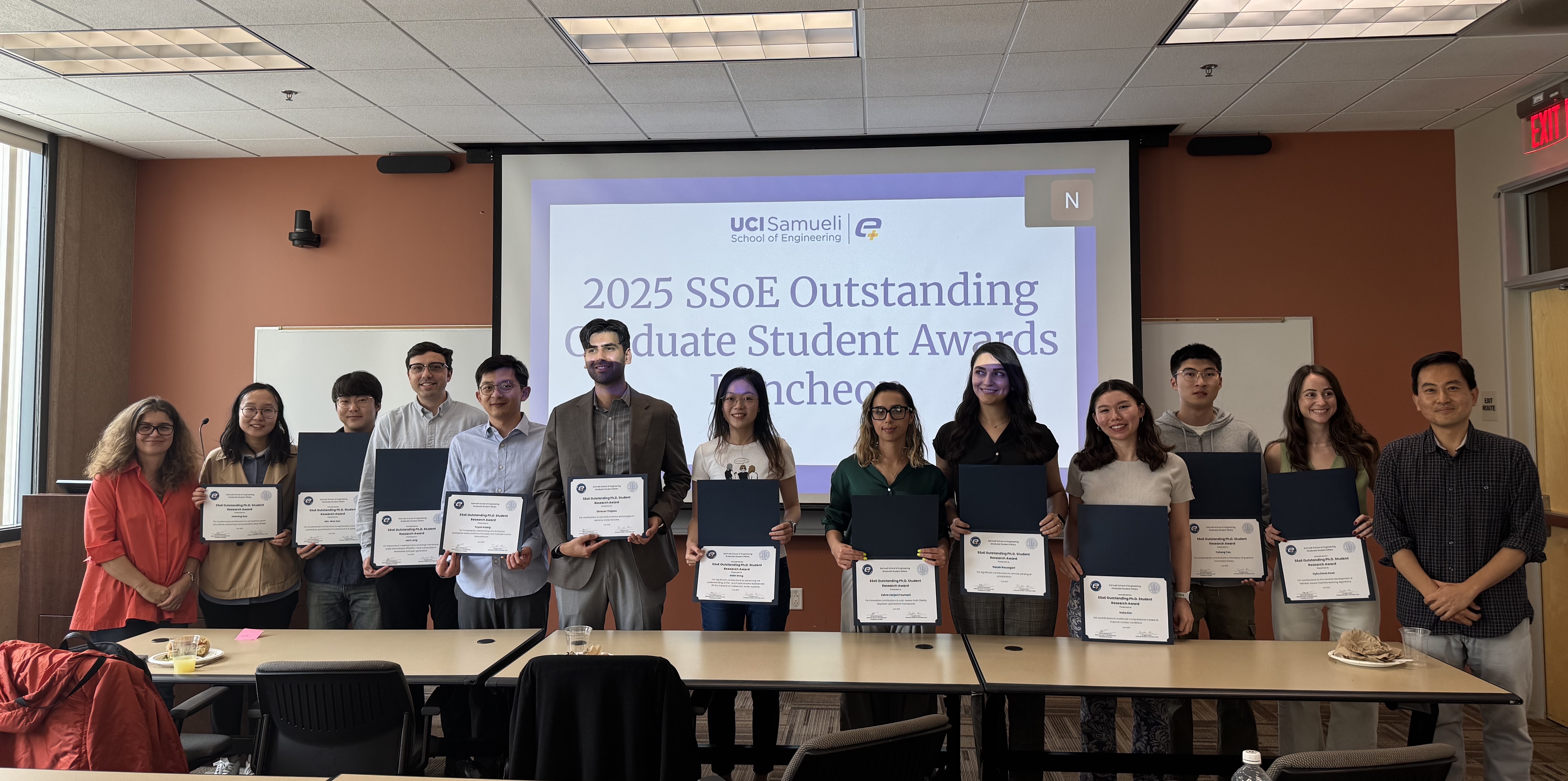 Outstanding Graduate Student Award winners and runner-ups accompanied by Athina Markopoulou (far left) and SungWoo Nam (far right) Outstanding Graduate Student Award winners and runner-ups accompanied by Athina Markopoulou (far left) and SungWoo Nam (far right)