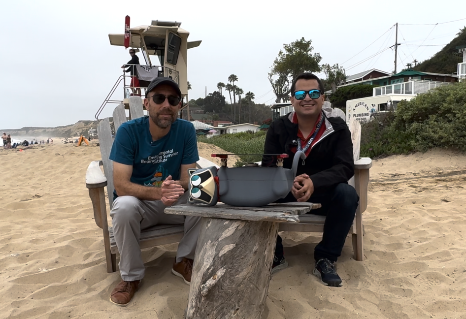 UCI Samueli School of Engineering Dean Magnus Egerstedt and postdoctoral researcher Efraín Méndez with the RaccoonBot at Crystal Cove State Park UCI Samueli School of Engineering Dean Magnus Egerstedt and postdoctoral researcher Efraín Méndez with the RaccoonBot at Crystal Cove State Park