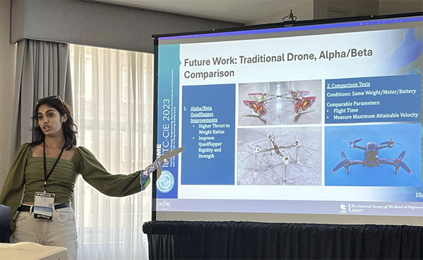 Michelle Manku presents the Flapping-Wing Micro Air Vehicle project team’s future research plans at ASME International technical conference.