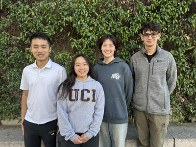 The 2026 UC Irvine Blue Skies team from left: mechanical engineering junior Jerry Chen, mechanical and aerospace engineering Ph.D. student Vanessa Chung, mechanical engineering senior Addison Rushing, and aerospace engineering senior Bryce Mankovsky. 