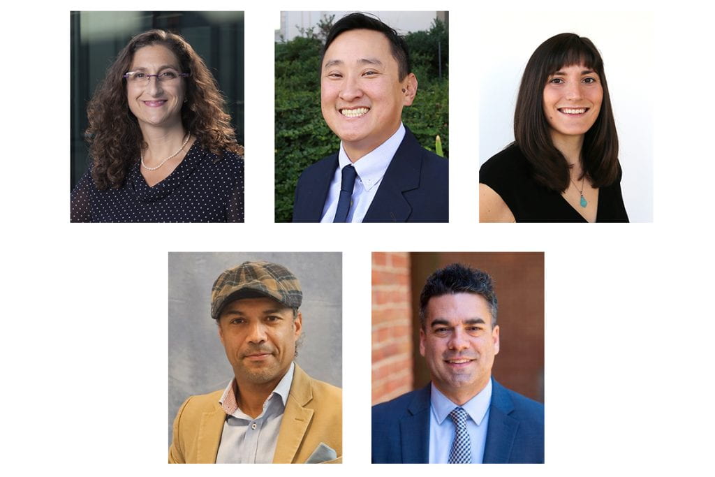 UC Irvine leaders of a new National Science Foundation-funded initiative to use technology to improve access and equity in cardiovascular care are (top, from left) principal investigator Naomi Chesler, professor of biomedical engineering; and co-principal investigators Bernard Choi, professor of biomedical engineering, and Christine King, associate professor of teaching in biomedical engineering; as well as (bottom, from left) co-principal investigators Jason Douglas, associate professor of health, society and behavior; and Dylan Roby, chair and professor of health, society and behavior. UC Irvine nsf_comp-1024x683_1.jpg
