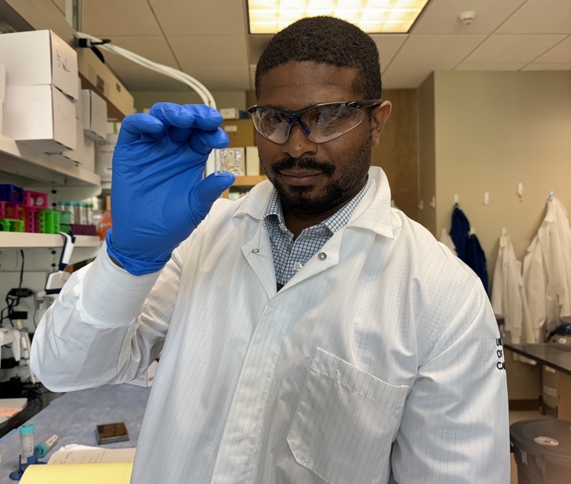 UCI assistant professor of chemical and biomolecular engineering Quinton Smith holds up a chip where his lab grows organoids. (Photo: Natalie Tso/UCI) UCI assistant professor of chemical and biomolecular engineering Quinton Smith holds up a chip where his lab grows organoids. (Photo: Natalie Tso/UCI)