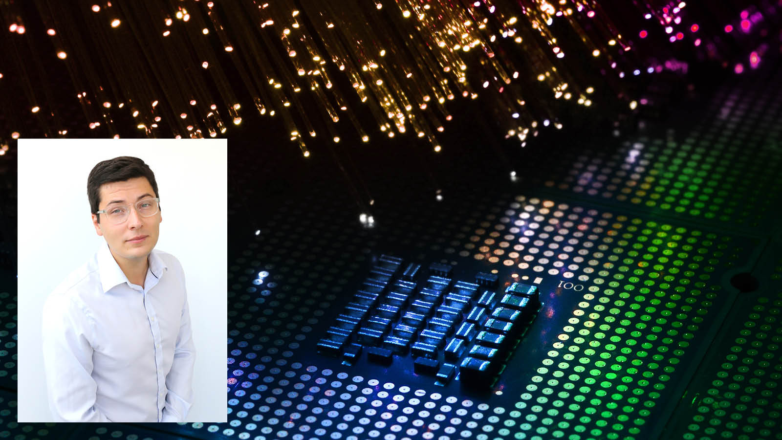 Graphic with headshot of UC Irvine researcher Maxim Shcherbakov