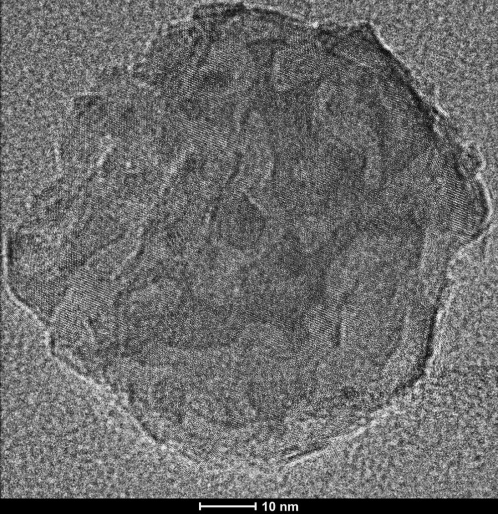 Transmission electron microscope image of hydroxyapatite, a nanoparticle that is one of the components contributing to the toughness and resiliency of the mantis shrimp’s dactyl club. Kisailus lab / UCI