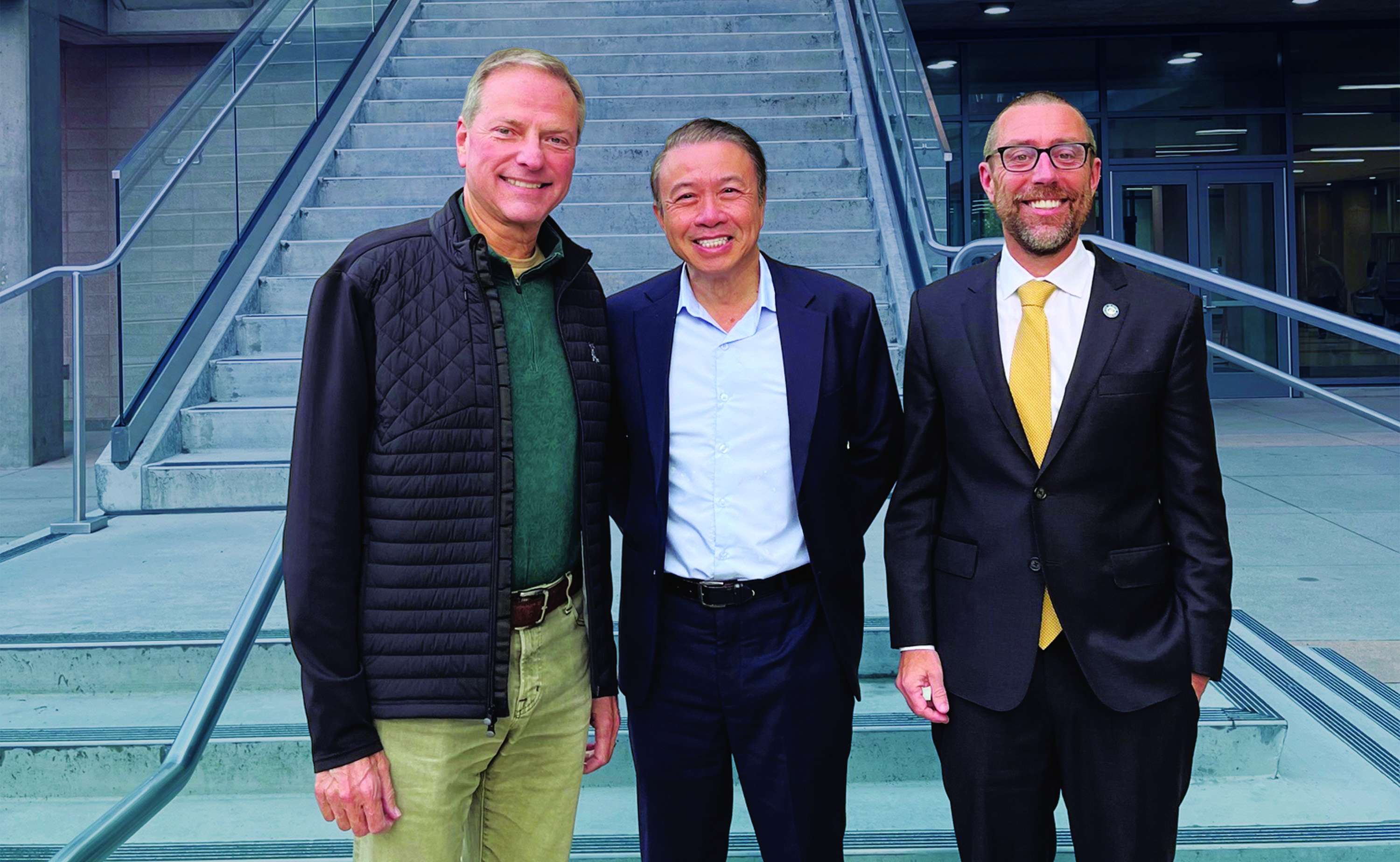 The naming gift also comes at a pivotal time for the Department of Electrical Engineering and Computer Science, which has significantly risen in national rankings over the past decade. From left: Henry Samueli, Hoang Nhu and Dean Magnus Egerstedt. 