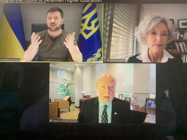 Ukrainian President Volodymyr Zelenskyy engages with Chancellor Howard Gillman during a dialogue with members of the Association of American Universities as AAU President Barbara Snyder moderates. Sheri Ledbetter / UCI